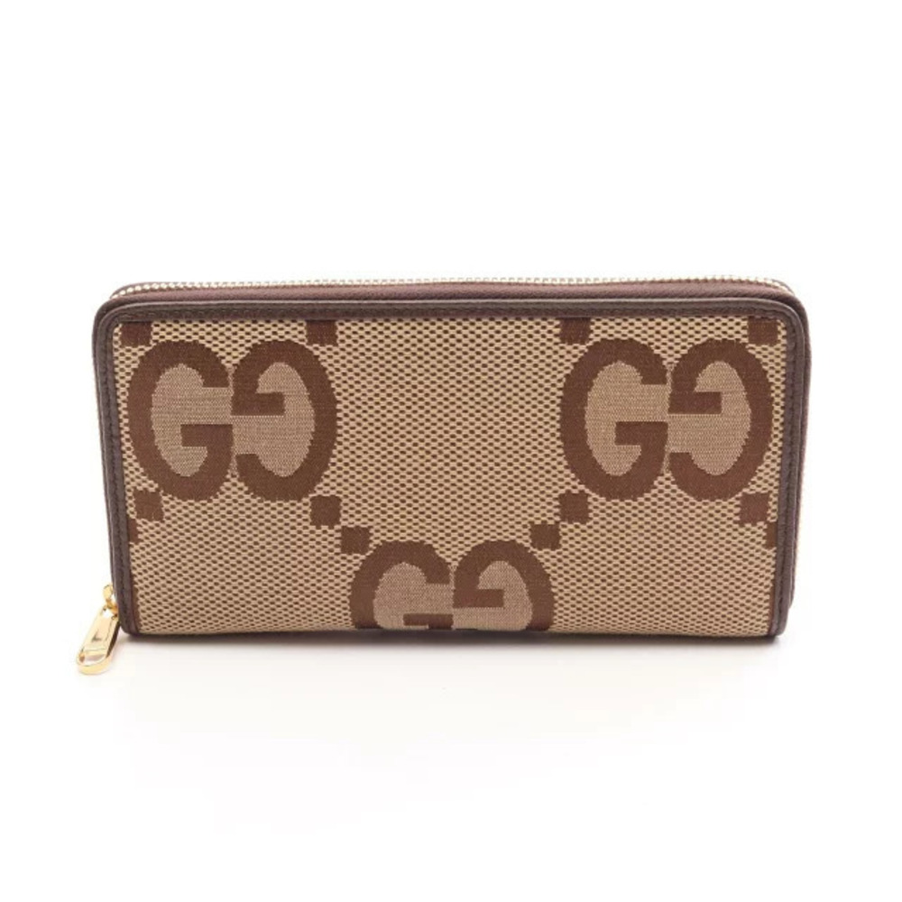 Gucci Jumbo GG Continental Wallet Round Long Canvas Leather Beige Cream Brown